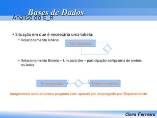 Bases de Dados
Clara Ferreira
Análise do E_R
• Situação em que é necessária uma tabela:
• Relacionamento Unário
• Relacionamento Binário – Um para Um – participação obrigatória de ambos
os lados
Empregados
Empregados Departamentos
Imaginemos uma empresa pequena com apenas um empregado por Departamento
1 1
 