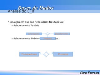 Bases de Dados
Clara Ferreira
Análise do E_R
• Situação em que são necessárias três tabelas:
• Relacionamento Ternário
• Relacionamento Binário – Vários para Vários
Empregados Departamentos
Projectos
Fornecedores Produtos
N N
 
