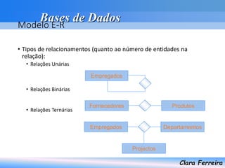Bases de Dados
Clara Ferreira
Modelo E-R
• Tipos de relacionamentos (quanto ao número de entidades na
relação):
• Relações Unárias
• Relações Binárias
• Relações Ternárias
Empregados
Fornecedores Produtos
Empregados Departamentos
Projectos
 