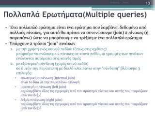 Πολλαπλά Ερωτήματα(Multiple queries)
• Ένα πολλαπλό ερώτημα είναι ένα ερώτημα που λαμβάνει δεδομένα από
πολλούς πίνακες, για αυτό θα πρέπει να συνενώσουμε (join) 2 πίνακες (ή
παραπάνω) ώστε να μπορέσουμε να τρέξουμε ένα πολλαπλό ερώτημα
• Υπάρχουν 2 τρόποι “join” πινάκων
1. με την χρήση ενός κοινού πεδίου (όπως στις σχέσεις)
μπορούμε να ενώσουμε 2 πίνακες σε κοινά πεδία, οι γραμμές των πινάκων
ενώνονται αυτόματα στις κοινές τιμές
2. με εξωτερική σύνδεση (χωρίς κοινό πεδίο)
σε αυτήν την περίπτωση με διπλό κλικ πάνω στην "σύνδεση" βλέπουμε 3
επιλογές:
 εσωτερική συνένωση (internal join)
είναι το ίδιο με την παραπάνω επιλογή
 αριστερή συνέσωση (left join)
περιλαμβάνει όλες τις εγγραφές από τον αριστερό πίνακα και αυτές που ταιριάζουν
από τον δεξιό
 δεξιά συνένωση (right join)
περιλαμβάνει όλες τις εγγραφές από τον αριστερό πίνακα και αυτές που ταιριάζουν
από τον δεξιό
AccessΝτ Μιχάλης
13
 