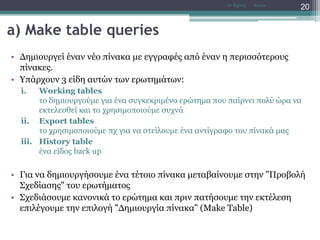 a) Make table queries
• Δημιουργεί έναν νέο πίνακα με εγγραφές από έναν η περισσότερους
πίνακες.
• Υπάρχουν 3 είδη αυτών των ερωτημάτων:
i. Working tables
το δημιουργούμε για ένα συγκεκριμένο ερώτημα που παίρνει πολύ ώρα να
εκτελεσθεί και το χρησιμοποιούμε συχνά
ii. Export tables
το χρησιμοποιούμε πχ για να στείλουμε ένα αντίγραφο του πίνακά μας
iii. History table
ένα είδος back up
• Για να δημιουργήσουμε ένα τέτοιο πίνακα μεταβαίνουμε στην "Προβολή
Σχεδίασης" του ερωτήματος
• Σχεδιάσουμε κανονικά το ερώτημα και πριν πατήσουμε την εκτέλεση
επιλέγουμε την επιλογή "Δημιουργία πίνακα" (Make Table)
AccessΝτ Μιχάλης
20
 