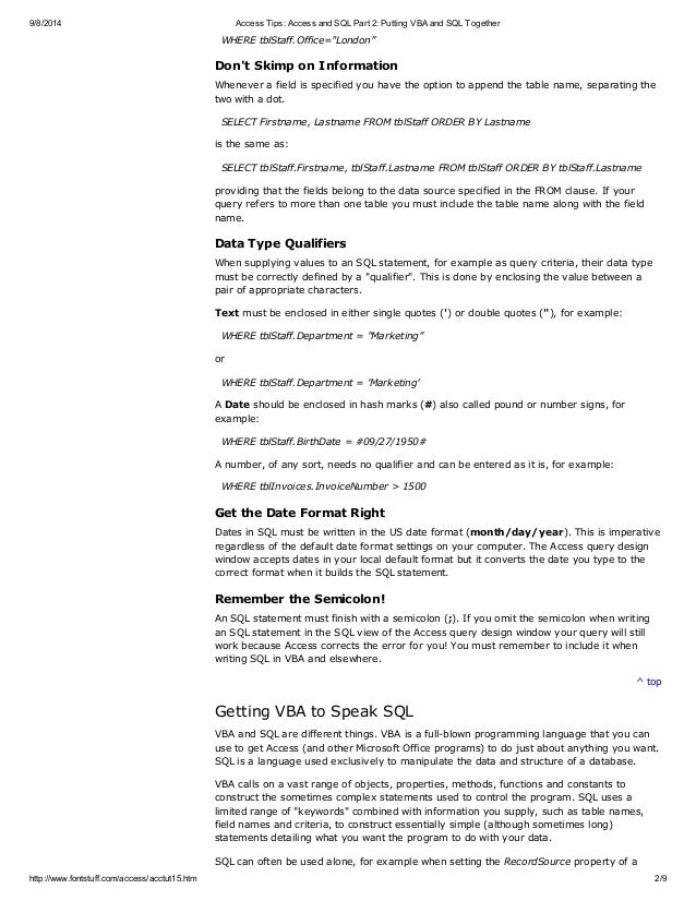 Access Tips Access And Sql Part 2 Putting Vba And Sql Together
