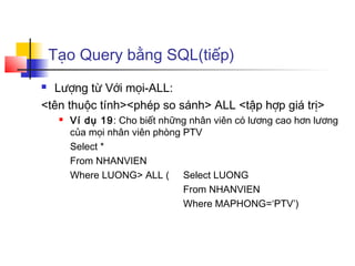 Tạo Query bằng SQL(tiếp)
 Lượng từ Với mọi-ALL:
<tên thuộc tính><phép so sánh> ALL <tập hợp giá trị>
 Ví dụ 19: Cho biết những nhân viên có lương cao hơn lương
của mọi nhân viên phòng PTV
Select *
From NHANVIEN
Where LUONG> ALL ( Select LUONG
From NHANVIEN
Where MAPHONG=‘PTV’)
 