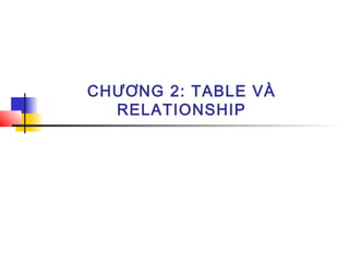CHƯƠNG 2: TABLE VÀ
RELATIONSHIP
 