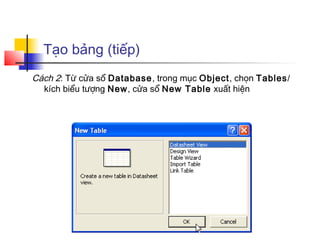 Tạo bảng (tiếp)
Cách 2: Từ cửa sổ Database, trong mục Object, chọn Tables/
kích biểu tượng New, cửa sổ New Table xuất hiện
 