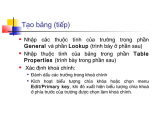 Tạo bảng (tiếp)
 Nhập các thuộc tính của trường trong phần
General và phần Lookup (trình bày ở phần sau)
 Nhập thuộc tính của bảng trong phần Table
Properties (trình bày trong phần sau)
 Xác định khoá chính:

Đánh dấu các trường trong khoá chính

Kích hoạt biểu tượng chìa khóa hoặc chọn menu
Edit/Primary key, khi đó xuất hiện biểu tượng chìa khoá
ở phía trước của trường được chọn làm khoá chính.
 
