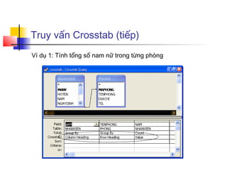 Truy vấn Crosstab (tiếp)
Ví dụ 1: Tính tổng số nam nữ trong từng phòng
 