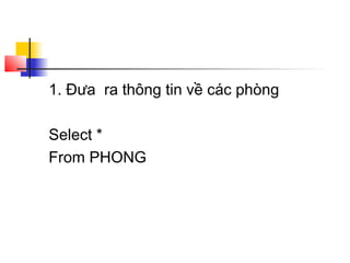 1. Đưa ra thông tin về các phòng

Select *
From PHONG
 