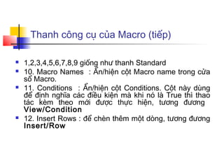 Thanh công cụ của Macro (tiếp)

   1,2,3,4,5,6,7,8,9 giống như thanh Standard
   10. Macro Names : Ẩn/hiện cột Macro name trong cửa
    sổ Macro.
   11. Conditions : Ẩn/hiện cột Conditions. Cột này dùng
    để định nghĩa các điều kiện mà khi nó là True thì thao
    tác kèm theo mới được thực hiện, tương đương
    View/Condition
   12. Insert Rows : để chèn thêm một dòng, tương đương
    Insert/Row
 