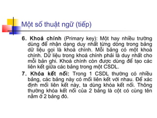 Một số thuật ngữ (tiếp)
6. Khoá chính (Primary key): Một hay nhiều trường
  dùng để nhận dạng duy nhất từng dòng trong bảng
  dữ liệu gọi là khoá chính. Mỗi bảng có một khoá
  chính. Dữ liệu trong khoá chính phải là duy nhất cho
  mỗi bản ghi. Khoá chính còn được dùng để tạo các
  liên kết giữa các bảng trong một CSDL.
7. Khóa kết nối: Trong 1 CSDL thường có nhiều
  bảng, các bảng này có mối liên kết với nhau. Để xác
  định mối liên kết này, ta dùng khóa kết nối. Thông
  thường khóa kết nối của 2 bảng là cột có cùng tên
  nằm ở 2 bảng đó.
 