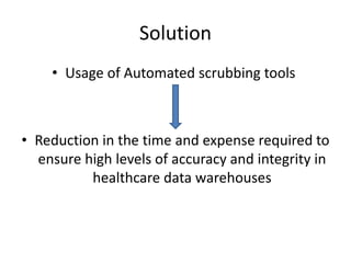 Solution
• Usage of Automated scrubbing tools
• Reduction in the time and expense required to
ensure high levels of accuracy and integrity in
healthcare data warehouses
 