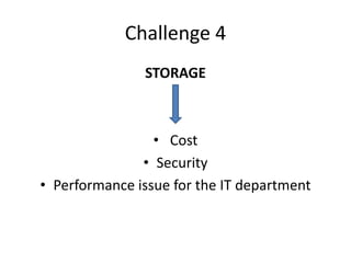 Challenge 4
STORAGE
• Cost
• Security
• Performance issue for the IT department
 