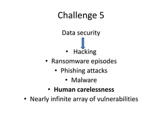 Challenge 5
Data security
• Hacking
• Ransomware episodes
• Phishing attacks
• Malware
• Human carelessness
• Nearly infinite array of vulnerabilities
 