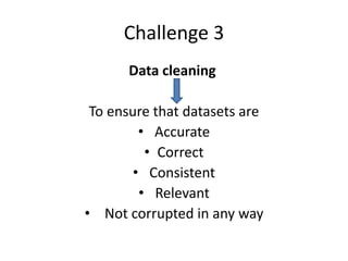 Challenge 3
Data cleaning
To ensure that datasets are
• Accurate
• Correct
• Consistent
• Relevant
• Not corrupted in any way
 