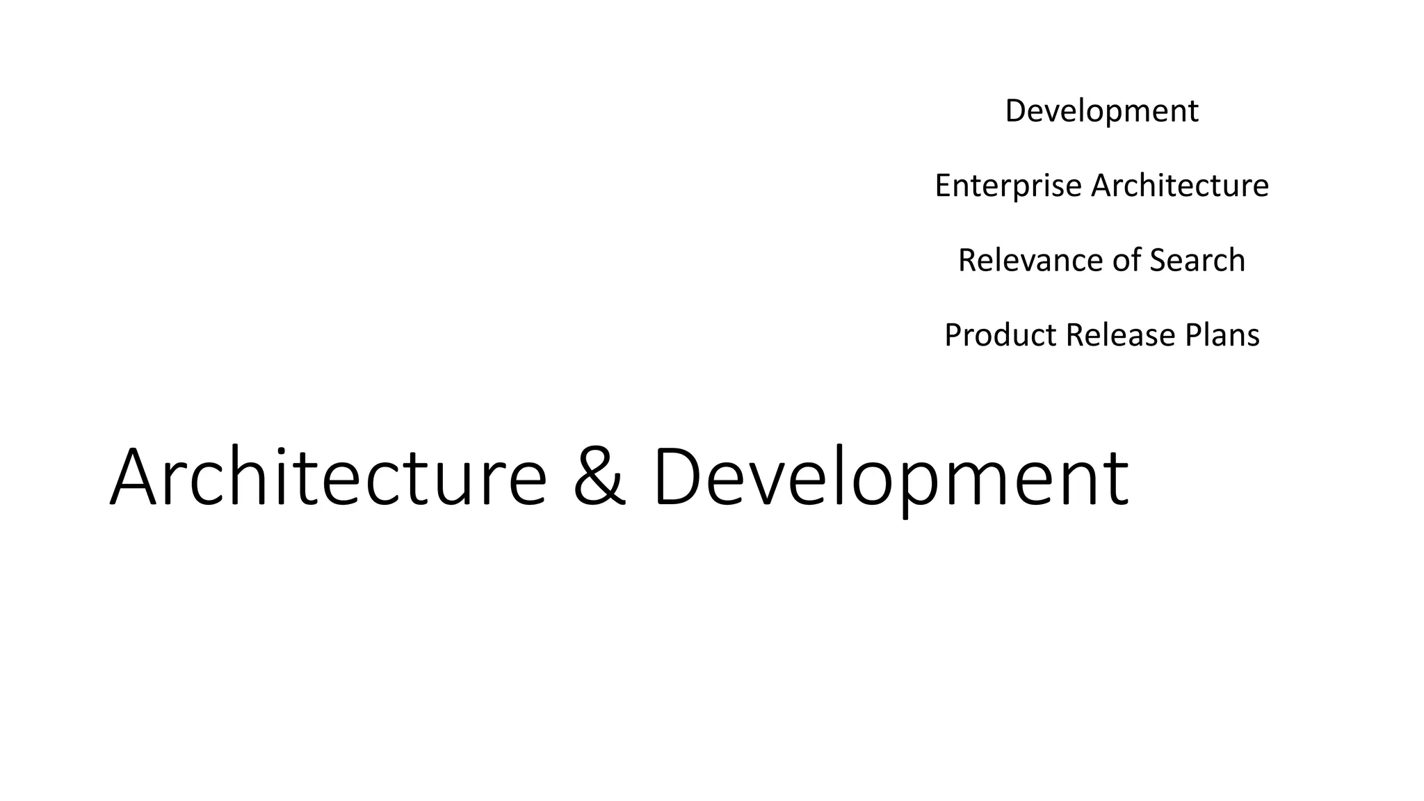 Architecture & Development
Development
Enterprise Architecture
Relevance of Search
Product Release Plans
 