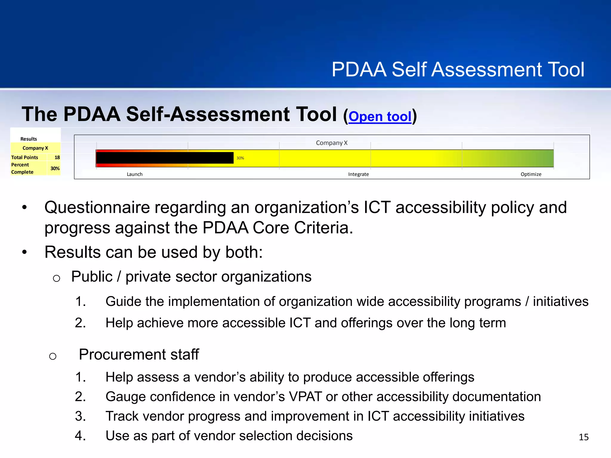 15
PDAA Self Assessment Tool
The PDAA Self-Assessment Tool (Open tool)
Results
Company X
Total Points 18
Percent
Complete
30%
30%
Company X
Launch Integrate Optimize
• Questionnaire regarding an organization’s ICT accessibility policy and
progress against the PDAA Core Criteria.
• Results can be used by both:
o Public / private sector organizations
1. Guide the implementation of organization wide accessibility programs / initiatives
2. Help achieve more accessible ICT and offerings over the long term
o Procurement staff
1. Help assess a vendor’s ability to produce accessible offerings
2. Gauge confidence in vendor’s VPAT or other accessibility documentation
3. Track vendor progress and improvement in ICT accessibility initiatives
4. Use as part of vendor selection decisions
 