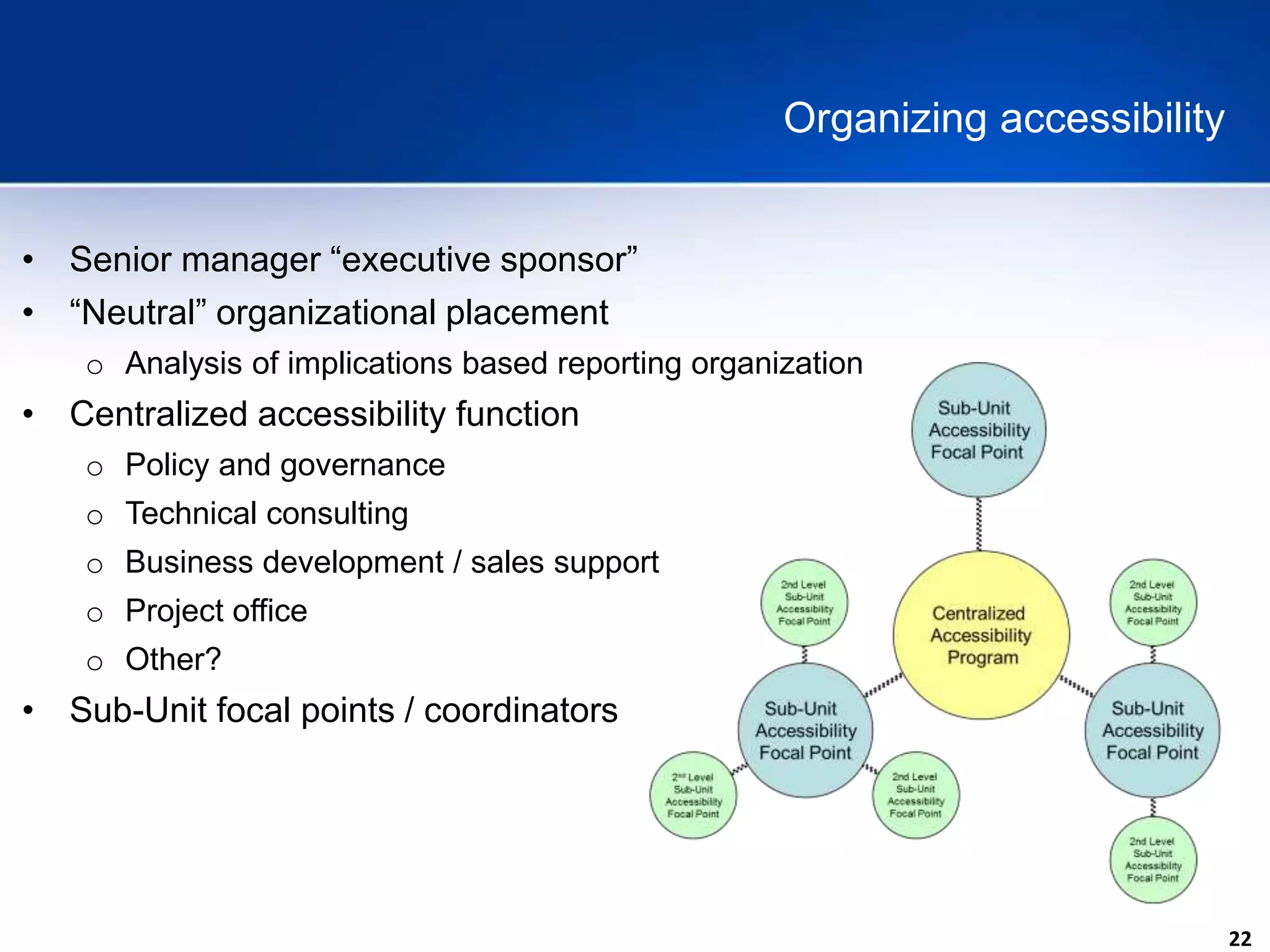 22
Organizing accessibility
• Senior manager “executive sponsor”
• “Neutral” organizational placement
o Analysis of implications based reporting organization
• Centralized accessibility function
o Policy and governance
o Technical consulting
o Business development / sales support
o Project office
o Other?
• Sub-Unit focal points / coordinators
 