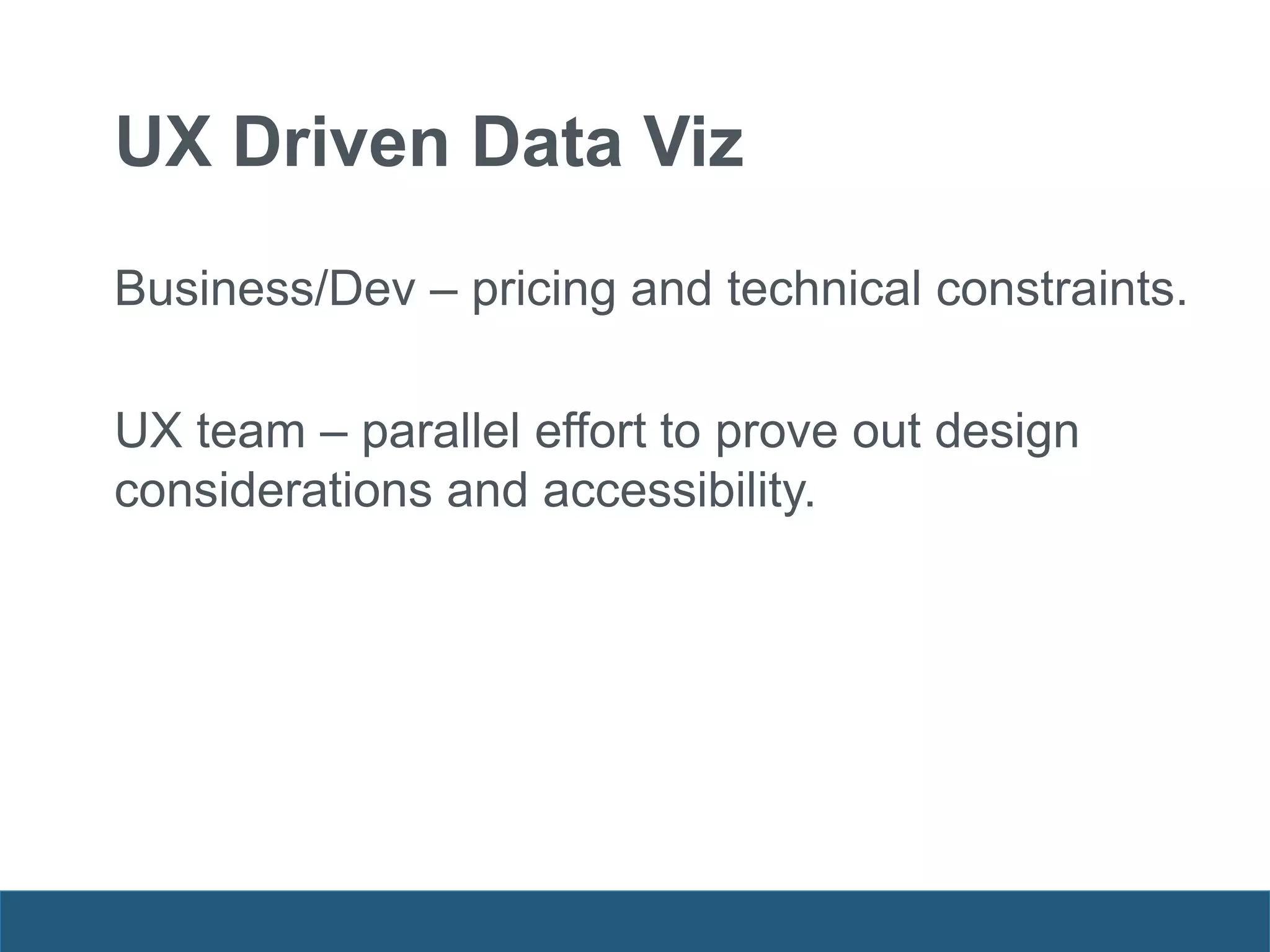 Business/Dev – pricing and technical constraints.
UX team – parallel effort to prove out design
considerations and accessibility.
UX Driven Data Viz
 
