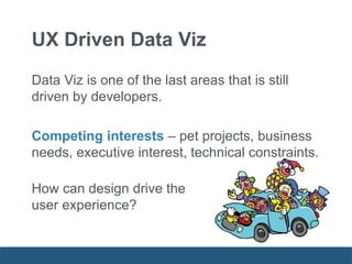 Data Viz is one of the last areas that is still
driven by developers.
Competing interests – pet projects, business
needs, executive interest, technical constraints.
How can design drive the
user experience?
UX Driven Data Viz
 