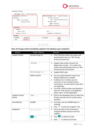 13 | P a g e
Note: All changes will be immediately updated in the database upon completion.
Section Fields / Options Remarks
Supplier Details Company Reg. No. • If the TIN field is blank, the system will
automatically treat it as “NA” during
eInvoice transmission
• Supplier Sales and/or Services Tax
Registration number. If it is blank, the
system will automatically treat it as “NA”
during eInvoice transmission
• Supplier MSIC code
Address details • You can switch between Invoice and
Delivery Addresses as needed
• If address line 1 is blank, you will
encounter an error during eInvoice
transmission. You will need to input NA if
not applicable.
• Currently, LHDN provides only Malaysia’s
state list. If the country is not Malaysia,
please select “17 Not Applicable”.
Supplier Contact
Details
➢ Click on the dropdown menu to select the
ID type and enter the ID number where
required.
Send Method LHDNM ➢ Currently, only the LHDNM option is
available
➢ Click to enter the supplier’s TIN
Navigation ➢ Users can click on the arrow key to
navigate between previous and next
suppliers.
• Click to switch List view
➢ Click to switch to Full view
 