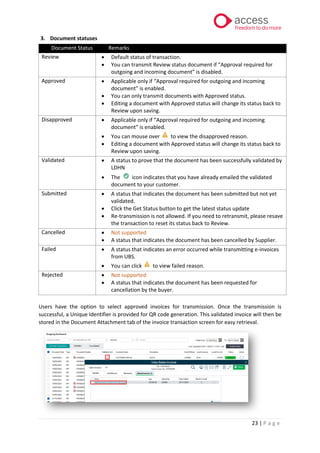 23 | P a g e
3. Document statuses
Document Status Remarks
Review • Default status of transaction.
• You can transmit Review status document if “Approval required for
outgoing and incoming document” is disabled.
Approved • Applicable only if “Approval required for outgoing and incoming
document” is enabled.
• You can only transmit documents with Approved status.
• Editing a document with Approved status will change its status back to
Review upon saving.
Disapproved • Applicable only if “Approval required for outgoing and incoming
document” is enabled.
• You can mouse over to view the disapproved reason.
• Editing a document with Approved status will change its status back to
Review upon saving.
Validated • A status to prove that the document has been successfully validated by
LDHN
• The icon indicates that you have already emailed the validated
document to your customer.
Submitted • A status that indicates the document has been submitted but not yet
validated.
• Click the Get Status button to get the latest status update
• Re-transmission is not allowed. If you need to retransmit, please resave
the transaction to reset its status back to Review.
Cancelled • Not supported
• A status that indicates the document has been cancelled by Supplier.
Failed • A status that indicates an error occurred while transmitting e-invoices
from UBS.
• You can click to view failed reason.
Rejected • Not supported
• A status that indicates the document has been requested for
cancellation by the buyer.
Users have the option to select approved invoices for transmission. Once the transmission is
successful, a Unique Identifier is provided for QR code generation. This validated invoice will then be
stored in the Document Attachment tab of the invoice transaction screen for easy retrieval.
 