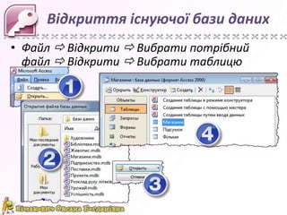 Відкриття існуючої бази даних
• Файл  Відкрити  Вибрати потрібний
файл  Відкрити  Вибрати таблицю

 