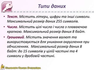 Типи даних
• Текст. Містить літери, цифри та інші символи.
Максимальний розмір даних 255 символів.
• Число. Містить цілі числа і числа з плаваючою
крапкою. Максимальний розмір даних 8 байт.
• Грошовий. Містить значення валют та
використовується для уникання округлення при
обчисленнях. Максимальний розмір даних 8
байт: до 15 символів у цілій частині та 4
символи у дробовій частині.

 
