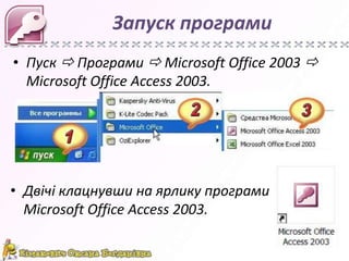 Запуск програми
• Пуск  Програми  Microsoft Office 2003 
Microsoft Office Access 2003.

• Двічі клацнувши на ярлику програми
Microsoft Office Access 2003.

 