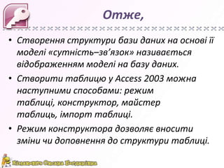 Отже,
• Створення структури бази даних на основі її
  моделі «сутність–зв’язок» називається
  відображенням моделі на базу даних.
• Створити таблицю у Access 2003 можна
  наступними способами: режим
  таблиці, конструктор, майстер
  таблиць, імпорт таблиці.
• Режим конструктора дозволяє вносити
  зміни чи доповнення до структури таблиці.
 