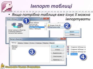 Імпорт таблиці
• Якщо потрібна таблиця вже існує її можна
                            імпортувати
 
