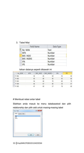 3. Tabel Nilai
Isikan datanya seperti dibawah ini
# Membuat relasi antar tabel
Silahkan anda masuk ke menu databasetool dan pilih
relationship dan pilih add untuk masing-masing tabel
33 ║©яρSMK2TEBO2015ACCESXI
 