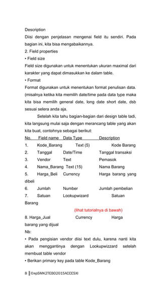 Description
Diisi dengan penjelasan mengenai field itu sendiri. Pada
bagian ini, kita bisa mengabaikannya.
2. Field properties
• Field size
Field size digunakan untuk menentukan ukuran maximal dari
karakter yang dapat dimasukkan ke dalam table.
• Format
Format digunakan untuk menentukan format penulisan data.
(misalnya ketika kita memilih date/time pada data type maka
kita bisa memilih general date, long date short date, dsb
sesuai selera anda aja.
Setelah kita tahu bagian-bagian dari design table tadi,
kita langsung mulai saja dengan merancang table yang akan
kita buat, contohnya sebagai berikut:
No. Field name Data Type Description
1. Kode_Barang Text (5) Kode Barang
2. Tanggal Date/Time Tanggal transaksi
3. Vendor Text Pemasok
4. Nama_Barang Text (15) Nama Barang
5. Harga_Beli Currency Harga barang yang
dibeli
6. Jumlah Number Jumlah pembelian
7. Satuan Lookupwizard Satuan
Barang
(lihat tutorialnya di bawah)
8. Harga_Jual Currency Harga
barang yang dijual
Nb:
• Pada pengisian vendor diisi text dulu, karena nanti kita
akan menggantinya dengan Lookupwizzard setelah
membuat table vendor
• Berikan primary key pada table Kode_Barang
8 ║©яρSMK2TEBO2015ACCESXI
 