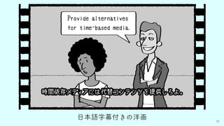 71
日本語字幕付きの洋画
Provide alternatives
for time-based media.
時間依存メディアには代替コンテンツを提供しろよ。
 