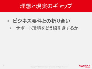 Copyright © 2017 Yahoo Japan Corporation. All Rights Reserved.
理想と現実のギャップ
• ビジネス要件との折り合い
• サポート環境をどう線引きするか
19
 