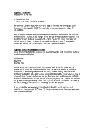 Appendix 1: P/E Ratio
Price/Earning or P/E Ratio
= Current share price
Earnings per share (in number of times)
For example: Company B’s current share price is $5.00 per share. It’s earning’s per share
(based on the latest year) is $0.50. This means the company’s price/earning ratio is 10
($5.00/$0.50).
How to interpret: This ratio measures how expensive a share is. The higher the P/E ratio, the
more expensive a share is. In the example above, a P/E of 10 means that an investor will need
to wait for 10 years to recoup his investment. A higher P/E, say 20, means the investor will
have to wait even longer – 20 years - to claim back his original principal. A conservative
investor will normally pay no more than P/E of 15 for a share that he likes.
Appendix 2: Investment Recommendation
When determining whether the company that you are analysing is worth investing in, you have
to take into account 3 factors:
a) Profitability
b) Stability
c) Share price
In other words, the company must have demonstrated good profitability, strong financial
stability and its shares are available at a cheap price (i.e. P/E of 15 or lower) to warrant an
investment. To determine good profitability and strong financial stability, refer back to the
profitability and stability ratios that you have calculated and look at the overall picture of these 2
groups of ratios. There are no hard and fast rule about what really qualifies as good profitability
and strong financial stability so there is some subjectivity regarding that. However, it is useful to
ask yourself (honestly) whether you think the company is profitable and stable. If the answer is
not a resounding yes, then it would be wise to not invest in the company.
If you think that the company has good profitability and stability, and it is also currently
available at a cheap price (i.e. P/E below 15), then you can recommend the company’s shares
as suitable for investment.
4
 