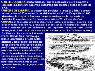ARRECIFE COSTERA, son formaciones que se desarrollan junto a la costa o
ladera de isla, tiene una superficie escabrosa, tipo meseta y ancho es hasta de
1 Km.
ARRECIFE DE BARRERA, se desarrollan paralelos a la costa ó isla, se pueden
encontrar hasta 350 especies de coral diferentes en el arrecife, que tiene 2,000
kilómetros de longitud y forma un rompeolas natural en la costa este de
Australia. El arrecife empezó a crecer hace más de 25 millones de años
ATOLON, son formaciones que se desarrollan como una especie de anillo que
pueden rodear una isla. Su profundidad puede ser de 30 metros y diámetro que
puede exceder los 60 kilómetros, sin aparente conexión con tierras
sumergidas. Casi todos los atolones se encuentran en los Océanos Índico y
Pacífico y en los mares de Indonesia.
Charles Darwin fue el primero que
explicó la formación circular de los
atolones y los asoció el crecimiento
de los arrecifes alrededor de una isla
volcánica que se hundió y cambios
en el nivel del mar durante la última
glaciación pueden haber ocasionado
que estas islas volcánicas quedaran
sumergidas. El mayor es el Kwajalein,
en las Islas Marshall. Posee una
laguna de 100 Km. de largo y 55 m de
profundidad.
 