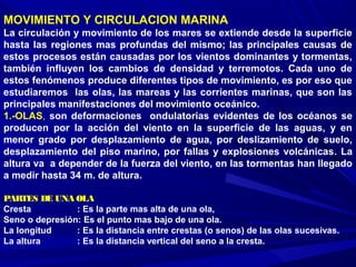 MOVIMIENTO Y CIRCULACION MARINA
La circulación y movimiento de los mares se extiende desde la superficie
hasta las regiones mas profundas del mismo; las principales causas de
estos procesos están causadas por los vientos dominantes y tormentas,
también influyen los cambios de densidad y terremotos. Cada uno de
estos fenómenos produce diferentes tipos de movimiento, es por eso que
estudiaremos las olas, las mareas y las corrientes marinas, que son las
principales manifestaciones del movimiento oceánico.
1.-OLAS, son deformaciones ondulatorias evidentes de los océanos se
producen por la acción del viento en la superficie de las aguas, y en
menor grado por desplazamiento de agua, por deslizamiento de suelo,
desplazamiento del piso marino, por fallas y explosiones volcánicas. La
altura va a depender de la fuerza del viento, en las tormentas han llegado
a medir hasta 34 m. de altura.
PARTES DE UNA OLA
Cresta : Es la parte mas alta de una ola,
Seno o depresión: Es el punto mas bajo de una ola.
La longitud : Es la distancia entre crestas (o senos) de las olas sucesivas.
La altura : Es la distancia vertical del seno a la cresta.
 