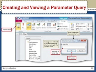 Creating and Viewing a Parameter Query




Querying a Database                      16
 