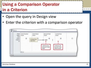 Using a Comparison Operator
in a Criterion
• Open the query in Design view
• Enter the criterion with a comparison operator




Querying a Database                                19
 