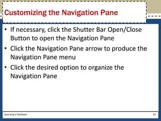 Customizing the Navigation Pane

• If necessary, click the Shutter Bar Open/Close
  Button to open the Navigation Pane
• Click the Navigation Pane arrow to produce the
  Navigation Pane menu
• Click the desired option to organize the
  Navigation Pane




Querying a Database                                54
 