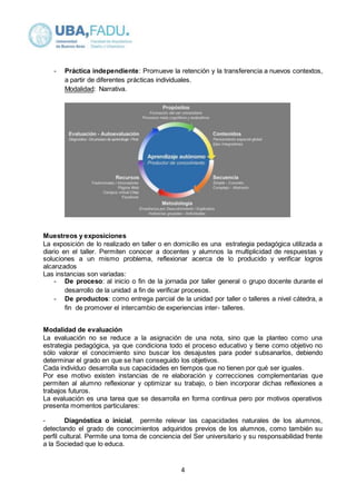 - Práctica independiente: Promueve la retención y la transferencia a nuevos contextos, 
a partir de diferentes prácticas individuales. 
Modalidad: Narrativa. 
Muestreos y exposiciones 
La exposición de lo realizado en taller o en domicilio es una estrategia pedagógica utilizada a 
diario en el taller. Permiten conocer a docentes y alumnos la multiplicidad de respuestas y 
soluciones a un mismo problema, reflexionar acerca de lo producido y verificar logros 
alcanzados 
Las instancias son variadas: 
- De proceso: al inicio o fin de la jornada por taller general o grupo docente durante el 
desarrollo de la unidad a fin de verificar procesos. 
- De productos: como entrega parcial de la unidad por taller o talleres a nivel cátedra, a 
fin de promover el intercambio de experiencias inter- talleres. 
Modalidad de evaluación 
La evaluación no se reduce a la asignación de una nota, sino que la planteo como una 
estrategia pedagógica, ya que condiciona todo el proceso educativo y tiene como objetivo no 
sólo valorar el conocimiento sino buscar los desajustes para poder subsanarlos, debiendo 
determinar el grado en que se han conseguido los objetivos. 
Cada individuo desarrolla sus capacidades en tiempos que no tienen por qué ser iguales. 
Por ese motivo existen instancias de re elaboración y correcciones complementarias que 
permiten al alumno reflexionar y optimizar su trabajo, o bien incorporar dichas reflexiones a 
trabajos futuros. 
La evaluación es una tarea que se desarrolla en forma continua pero por motivos operativos 
presenta momentos particulares: 
- Diagnóstica o inicial, permite relevar las capacidades naturales de los alumnos, 
detectando el grado de conocimientos adquiridos previos de los alumnos, como también su 
perfil cultural. Permite una toma de conciencia del Ser universitario y su responsabilidad frente 
a la Sociedad que lo educa. 
4 
 