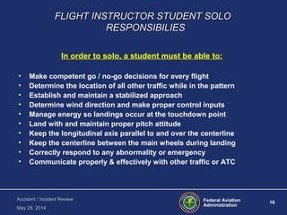 Federal Aviation
Administration
16
Accident / Incident Review
May 28, 2014
FLIGHT INSTRUCTOR STUDENT SOLOFLIGHT INSTRUCTOR STUDENT SOLO
RESPONSIBILIESRESPONSIBILIES
In order to solo, a student must be able to:
• Make competent go / no-go decisions for every flight
• Determine the location of all other traffic while in the pattern
• Establish and maintain a stabilized approach
• Determine wind direction and make proper control inputs
• Manage energy so landings occur at the touchdown point
• Land with and maintain proper pitch attitude
• Keep the longitudinal axis parallel to and over the centerline
• Keep the centerline between the main wheels during landing
• Correctly respond to any abnormality or emergency
• Communicate properly & effectively with other traffic or ATC
 