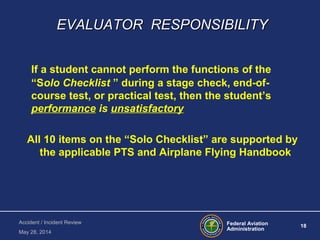 Federal Aviation
Administration
18
Accident / Incident Review
May 28, 2014
EVALUATOR RESPONSIBILITYEVALUATOR RESPONSIBILITY
If a student cannot perform the functions of the
“Solo Checklist ” during a stage check, end-of-
course test, or practical test, then the student’s
performance is unsatisfactory
All 10 items on the “Solo Checklist” are supported by
the applicable PTS and Airplane Flying Handbook
 