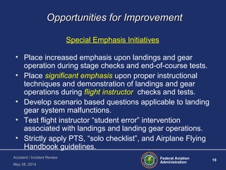 Federal Aviation
Administration
19
Accident / Incident Review
May 28, 2014
Opportunities for ImprovementOpportunities for Improvement
Special Emphasis Initiatives
• Place increased emphasis upon landings and gear
operation during stage checks and end-of-course tests.
• Place significant emphasis upon proper instructional
techniques and demonstration of landings and gear
operations during flight instructor checks and tests.
• Develop scenario based questions applicable to landing
gear system malfunctions.
• Test flight instructor “student error” intervention
associated with landings and landing gear operations.
• Strictly apply PTS, “solo checklist”, and Airplane Flying
Handbook guidelines.
 