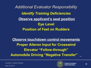 Federal Aviation
Administration
20
Accident / Incident Review
May 28, 2014
Additional Evaluator ResponsibilityAdditional Evaluator Responsibility
Identify Training Deficiencies
Observe applicant’s seat position
Eye Level
Position of Feet on Rudders
Observe touchdown control movements
Proper Aileron Input for Crosswind
Elevator “Follow-through”
Automobile Driving “Negative Transfer”
 