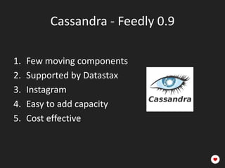 Cassandra - Feedly 0.9
1.
2.
3.
4.
5.

Few moving components
Supported by Datastax
Instagram
Easy to add capacity
Cost effective

 