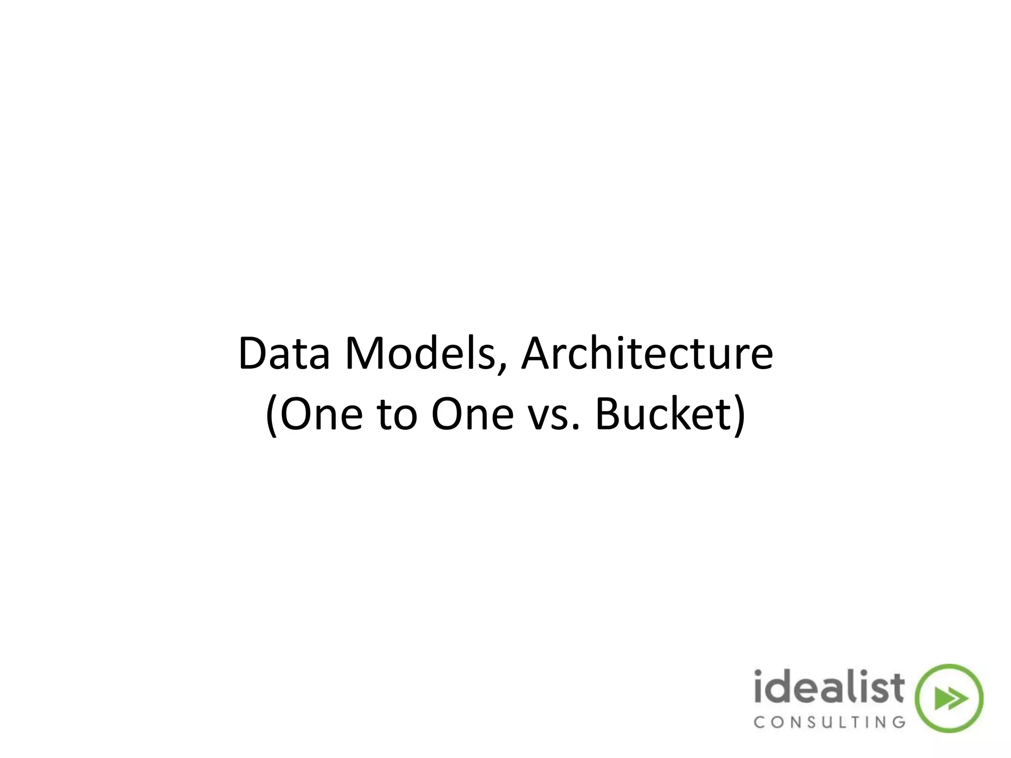 Data Models, Architecture
(One to One vs. Bucket)
 