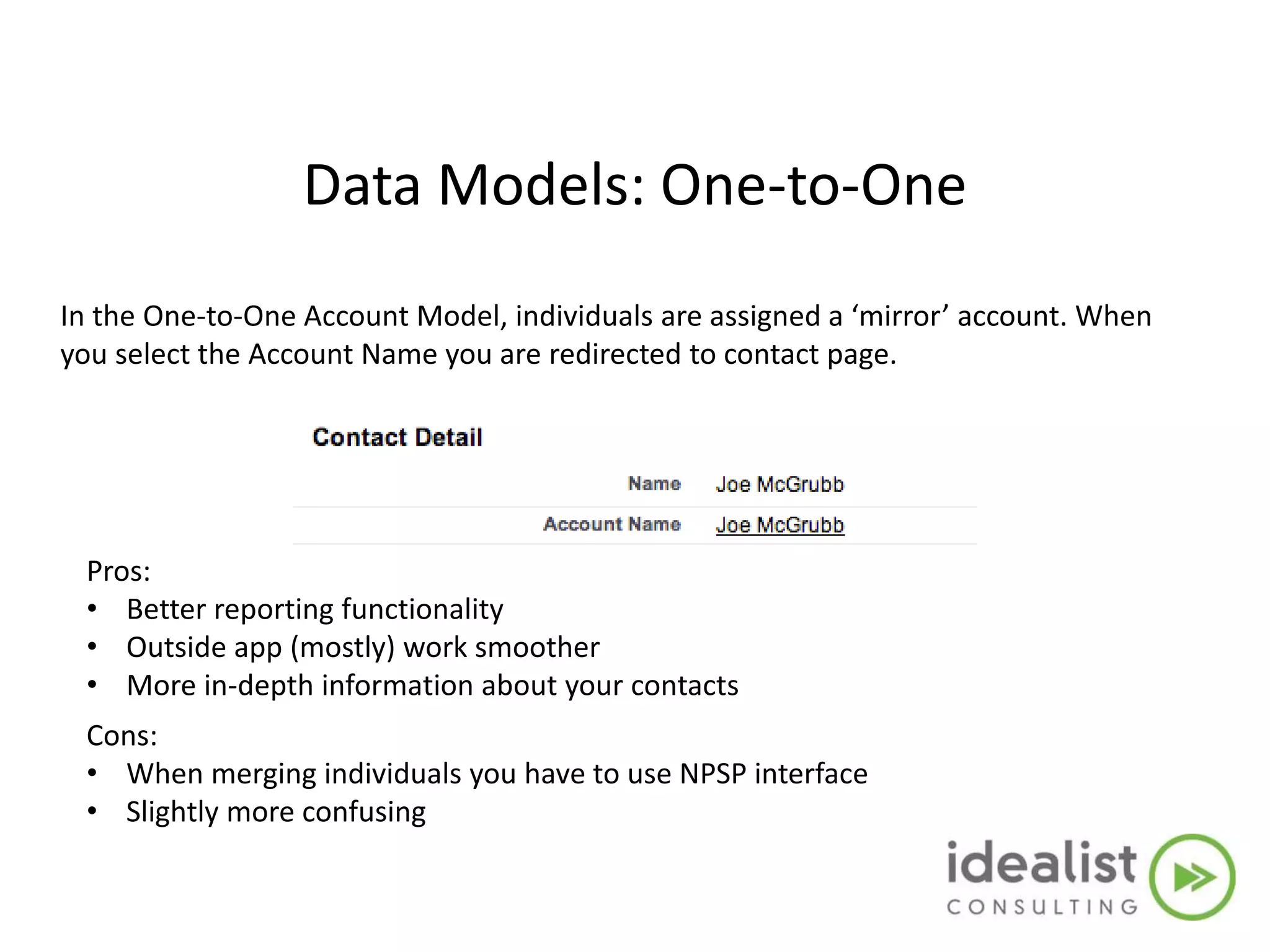 Data Models: One-to-One
In the One-to-One Account Model, individuals are assigned a ‘mirror’ account. When
you select the Account Name you are redirected to contact page.
Pros:
• Better reporting functionality
• Outside app (mostly) work smoother
• More in-depth information about your contacts
Cons:
• When merging individuals you have to use NPSP interface
• Slightly more confusing
 