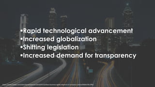 Rapid technological advancement
Increased globalization
Shifting legislation
Increased demand for transparency
https://www.forbes.com/sites/danielnewman/2016/07/12/does-business-agility-depend-on-company-culture/#2b0c7811ff62
 