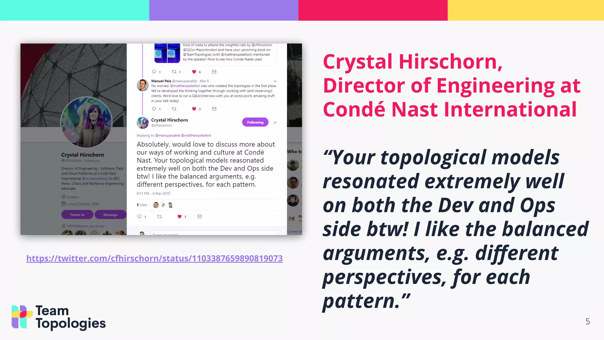 5
Crystal Hirschorn,
Director of Engineering at
Condé Nast International
“Your topological models
resonated extremely well
on both the Dev and Ops
side btw! I like the balanced
arguments, e.g. diﬀerent
perspectives, for each
pattern.”
https://twitter.com/cfhirschorn/status/1103387659890819073
 